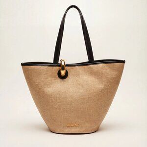 Jacquemus Le Bambola Asymmetric Basket Tote Ivory/Black Faux Raffia Leather Trim